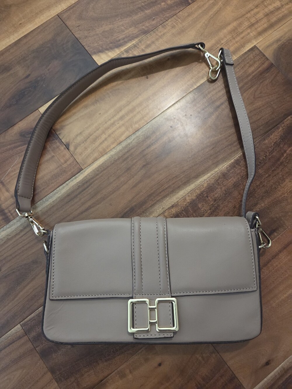 Taupe Leather Shoulder Bag with Gold Buckle- Antonio Melani